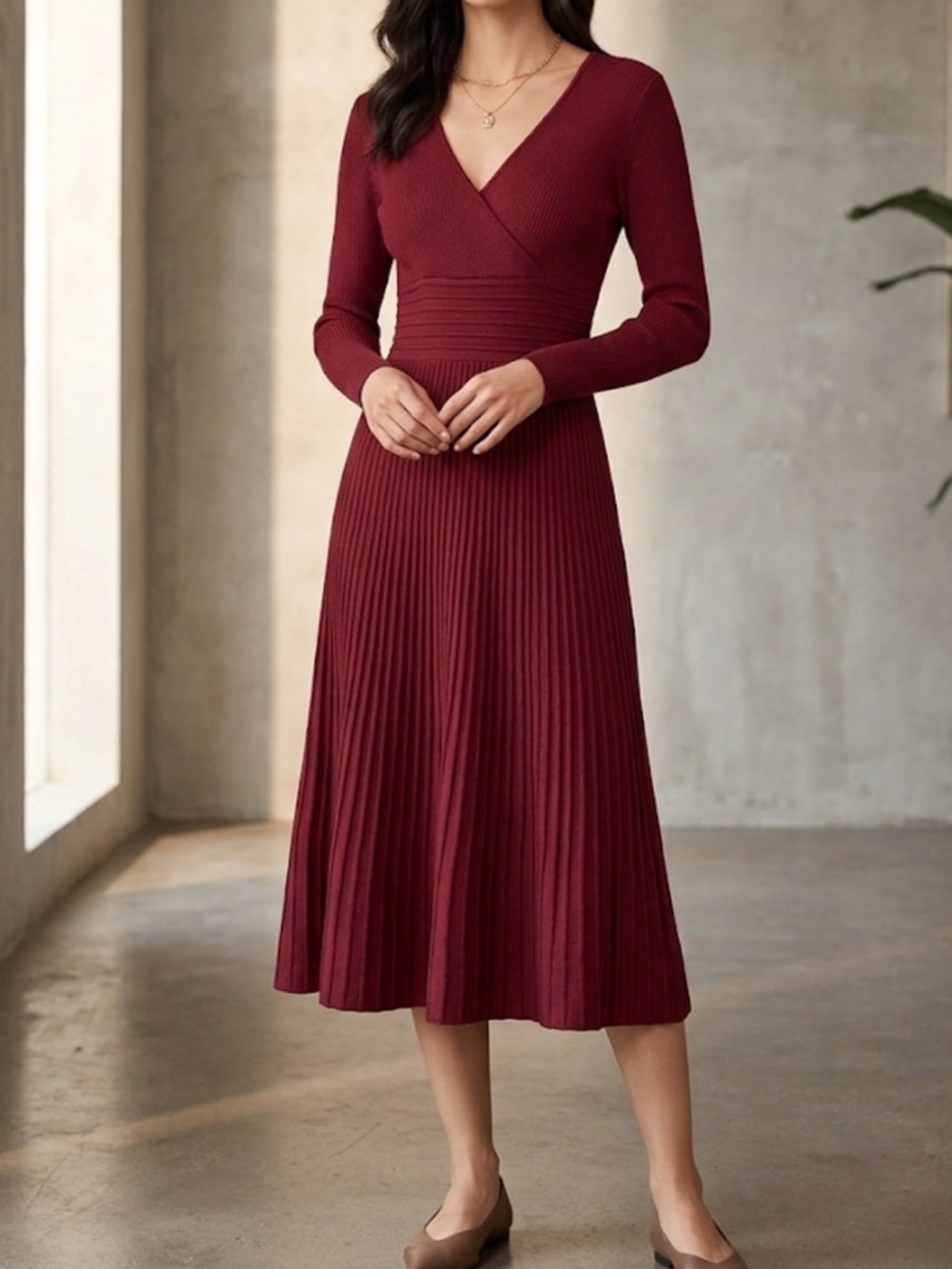 Taylor Deep Red Long Sleeve Ribbed Knit midi  Dress